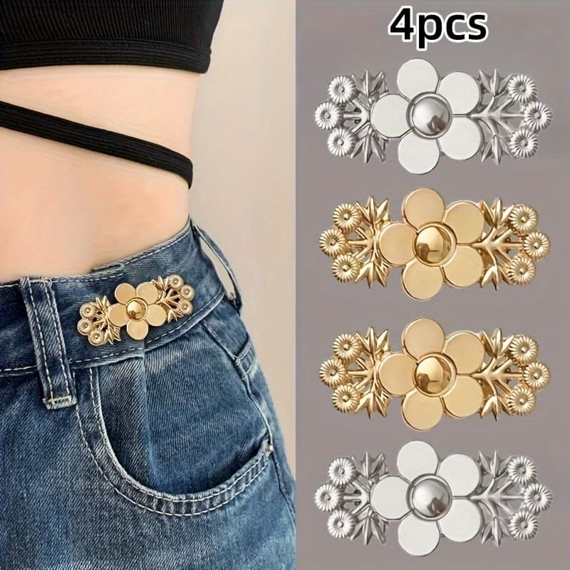 TEMU 4 Adjustable Belt Buckles, Petal Pattern Pants Tighteners, Suitable For Fashion Lazy Belts, Convenient Pants Waistbands, Elegant Simple Button Pins For Women's Jeans, Detachable Waist Clips
