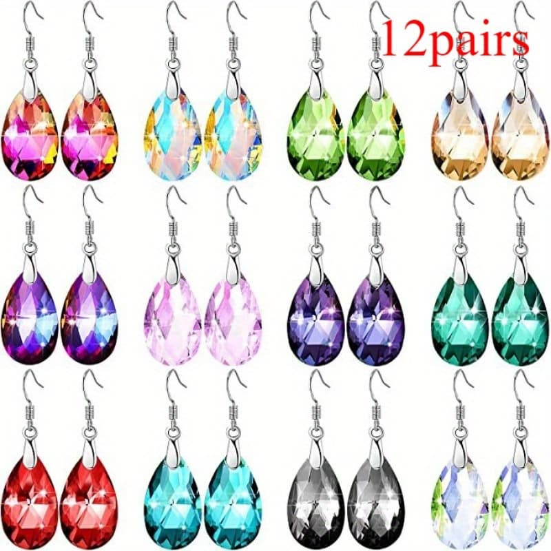 TEMU 12 Pairs Of Color New Artificial Droplet Earrings Set, Teardrop Shaped Fashionable Earrings, Earrings, Holiday Gift Jewelry Set