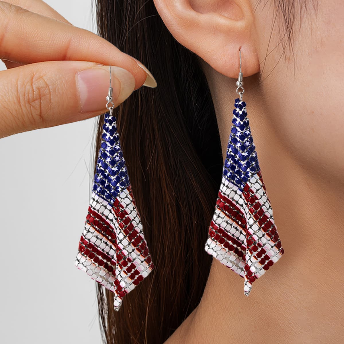 TEMU Earrings With Blue, White, And Red Striped Flag Metal Mesh Fashionable And Women's Earrings Jewelry
