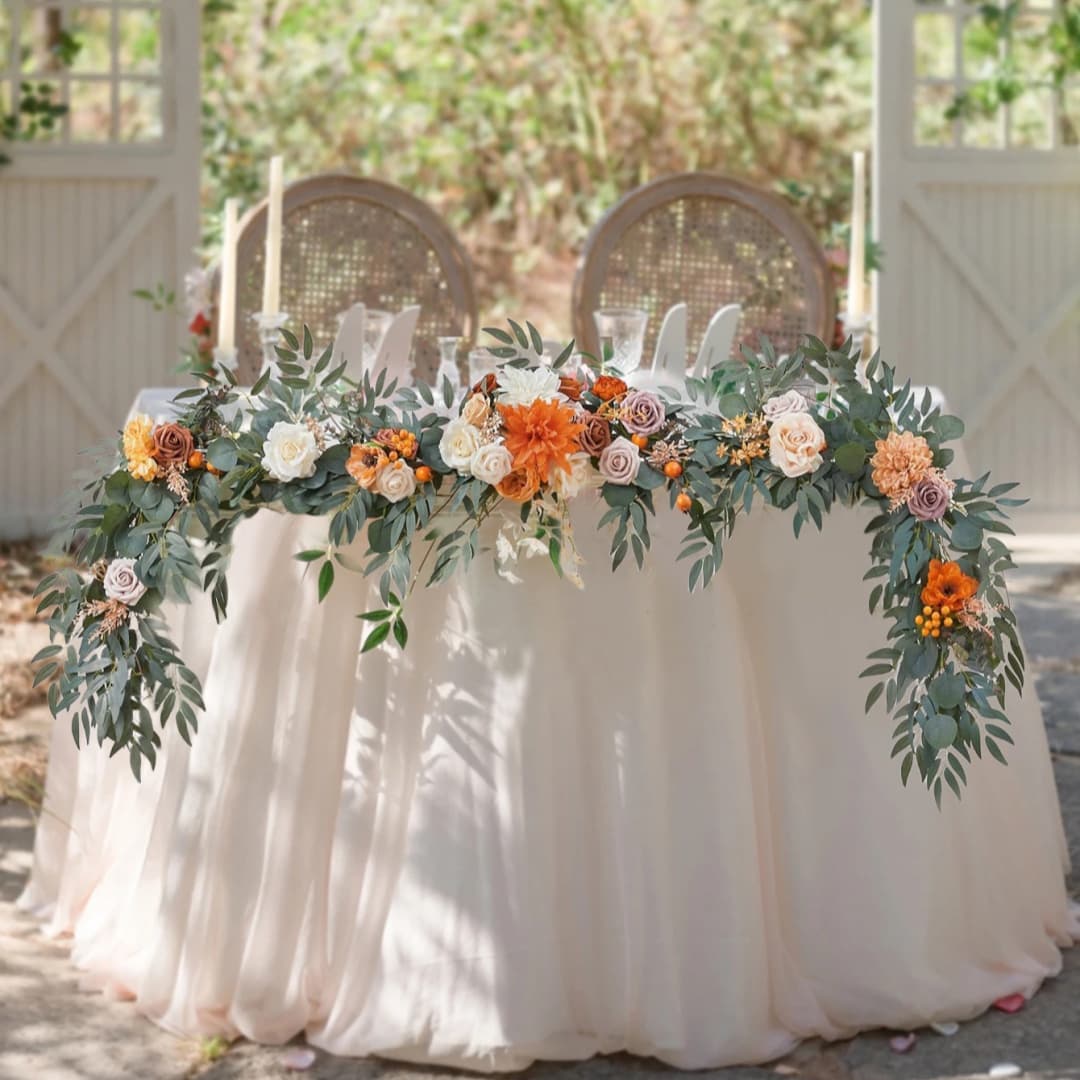 TEMU 6ft Handcrafted Eucalyptus & Garland With Vibrant - Elegant Wedding Table Centerpiece For Sweetheart Table, & Peach, Seasonal Celebrations & Special Occasions, Wedding Table Decorations