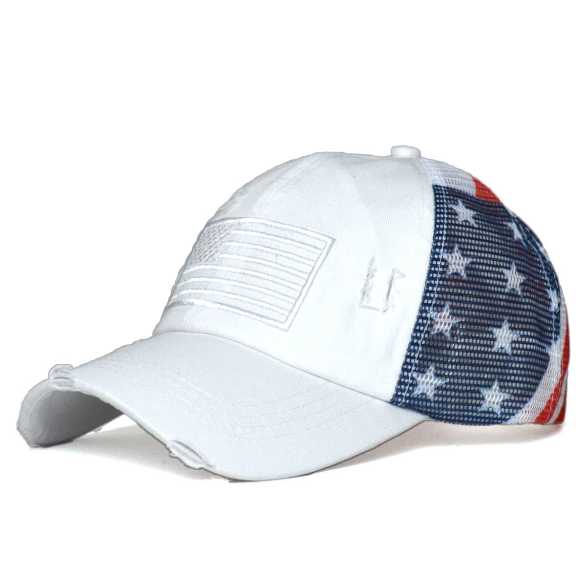 TEMU Women's Distressed American Flag Baseball With Embellished Stars & Stripes, Adjustable Snapback Closure, Lightweight Washed Trucker Hat For , Sports & Casual Attire - Ponytail-
