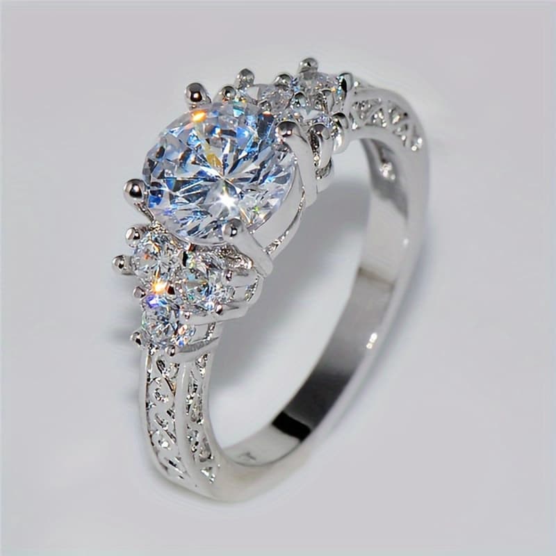 TEMU 1pc Women's Engagement Ring Luxurious Carved Pattern Inlaid Sparkling Synthetic Zirconia Round Ring Suitable For Bride Wedding Wear Jewelry Romantic Proposal Ring