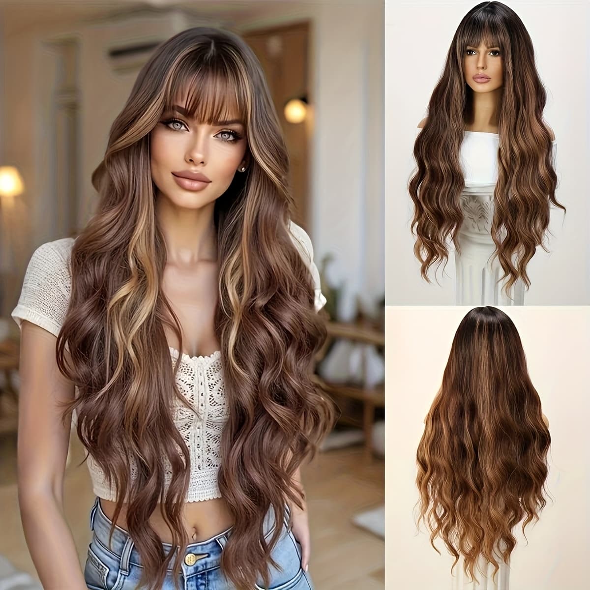 TEMU 30-inch Women's Elegant Long Curly Wig - Soft Synthetic Hair With & , For - Light Beige Tones (blonde/brown/black/red) - For Cosplay, Parties, Casual Attire - Suitable