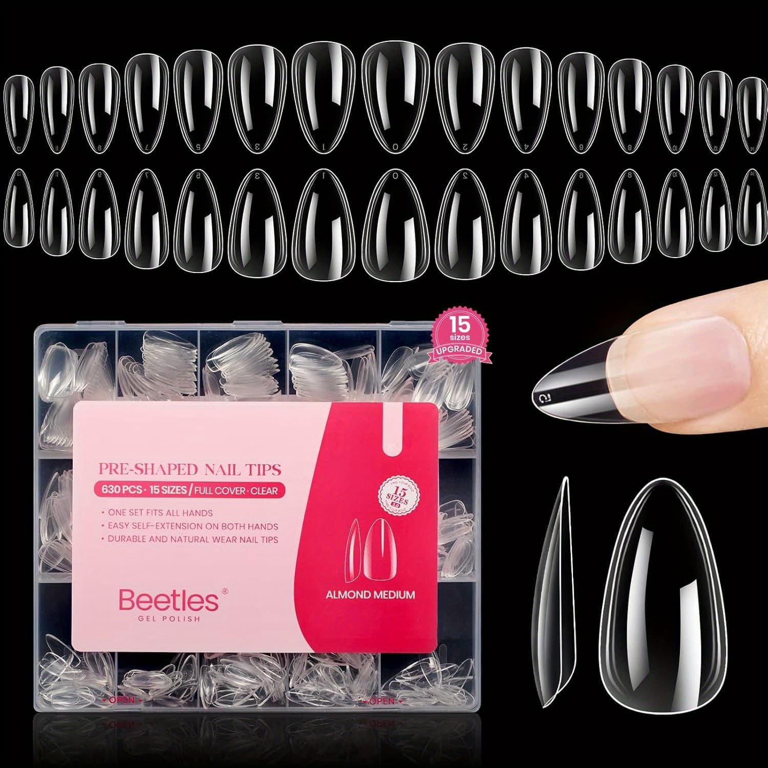 TEMU Beetles Gel Nail Tips Medium Almond: 15 Sizes 630pcs Easy Nail Extension Nail Tips, Full Cover Nail Tips Acrylic False Nails For Gel Nail Polish Press On Nail Gifts For Women