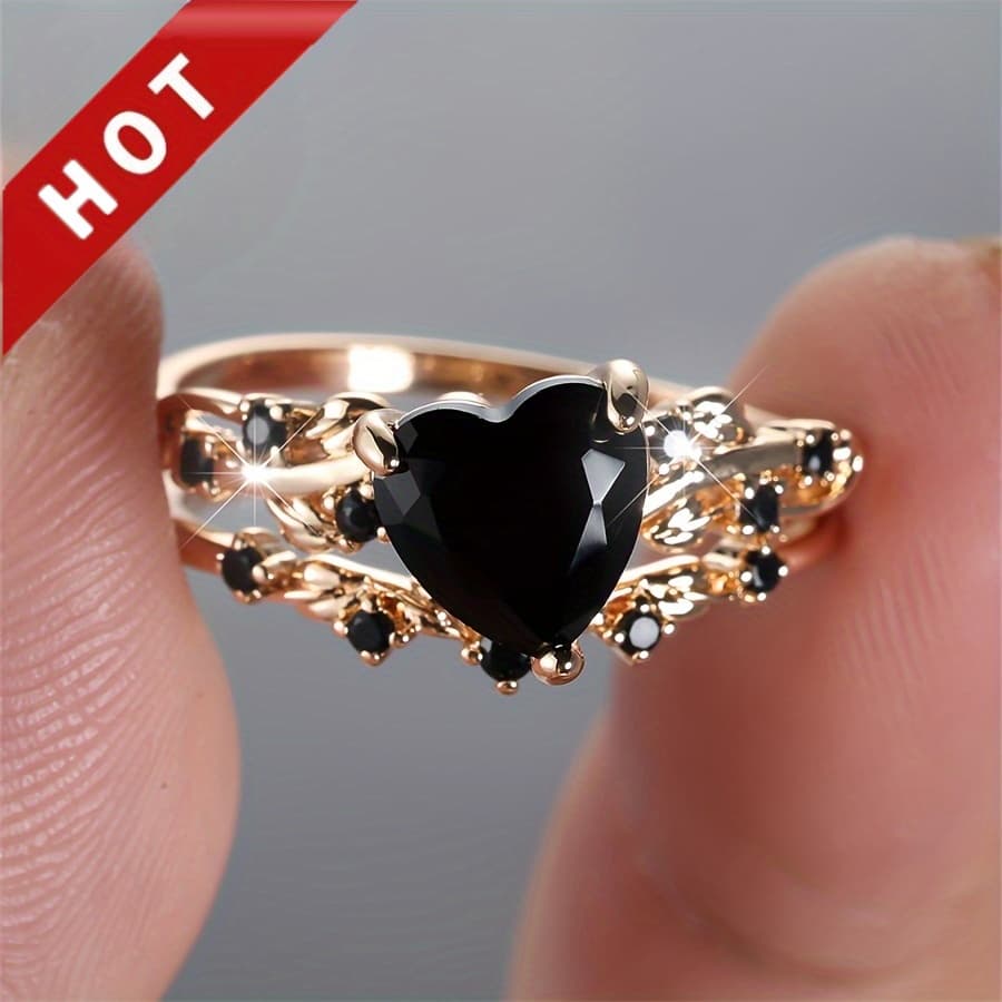 TEMU 2pcs Women's Retro Matching Rose Black Synthetic Synthetic Zirconia Heart-shaped Ring Set - Cute Couple Jewelry For Daily Wear, Parties & Special Occasions, Durable Romantic Accessories