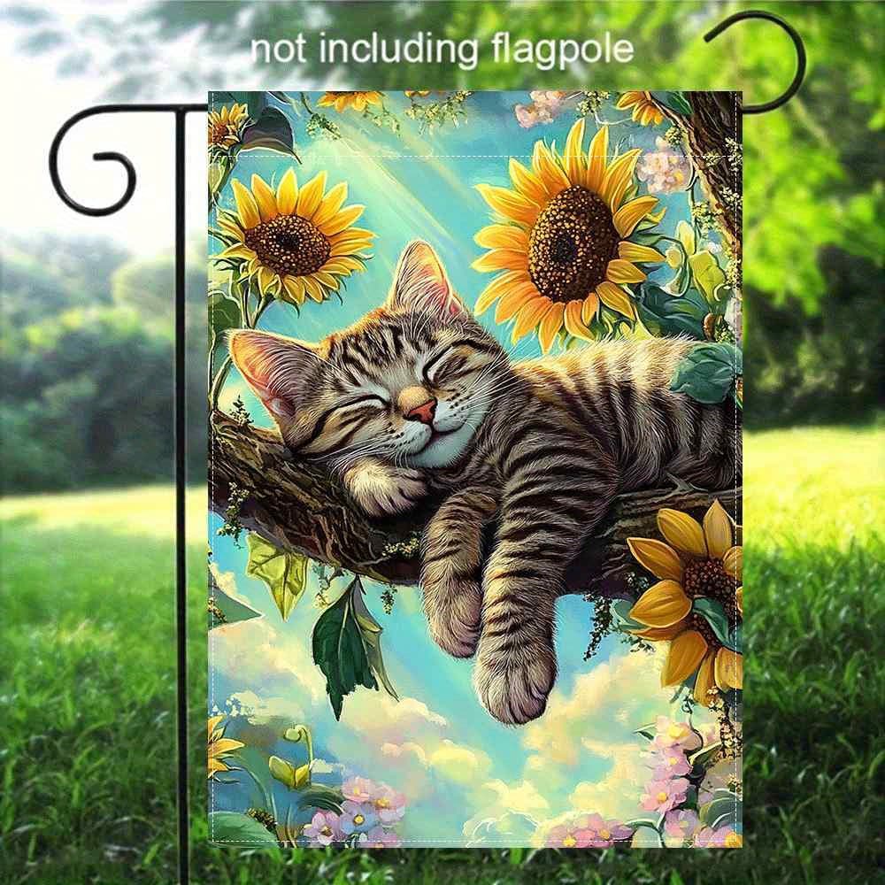 TEMU 2d Flat, 1pc Double-sided Printed Garden Flag, Linen Material, No Flagpole Included, 2d Flat Print, Cat And Sunflower Design, 2d Flat
