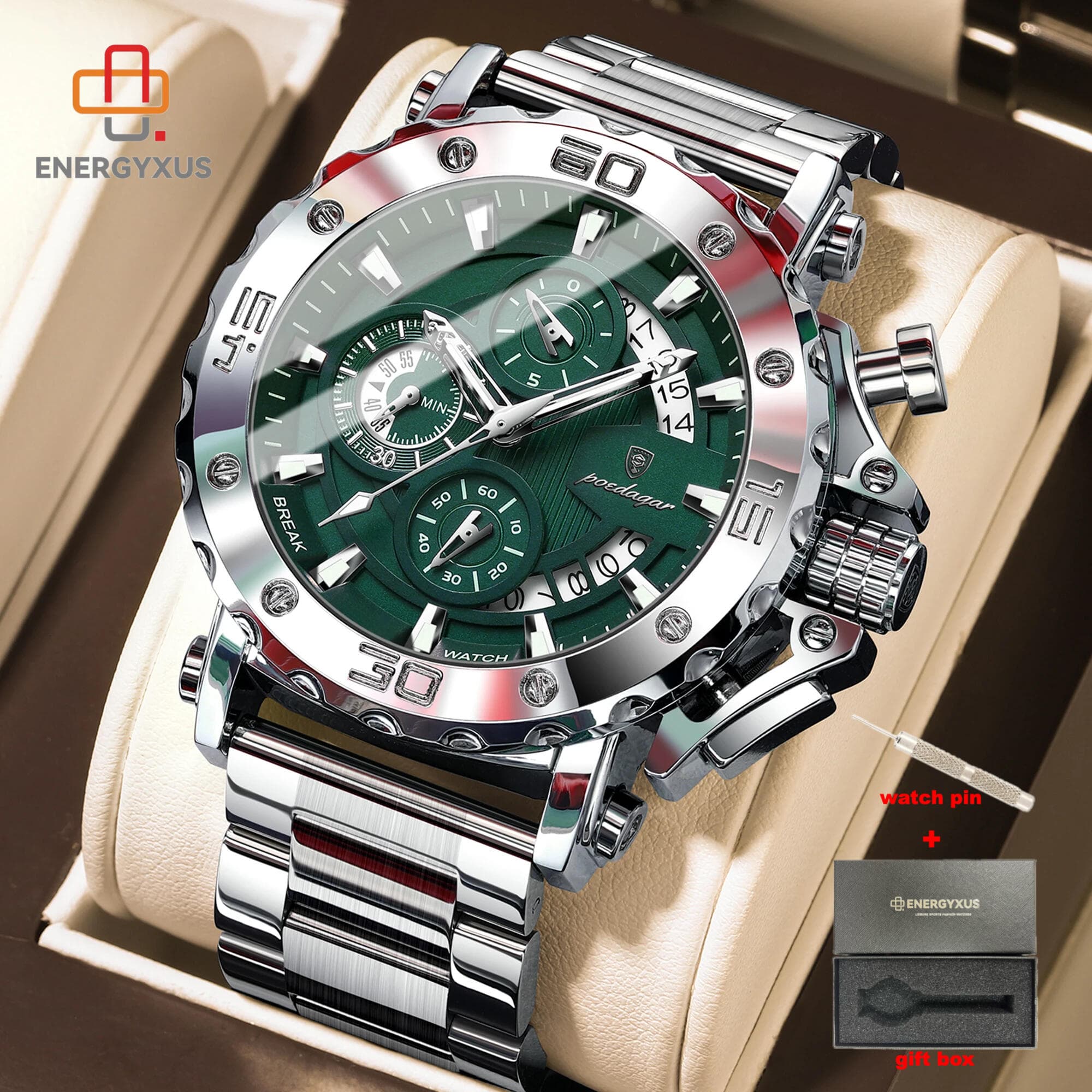 TEMU Energyxus Luxury Men's Watch Calendar Luminous Man Clock Chronograph Stainless Steel Watches Men's Watch, Without Battery thumbnail 2