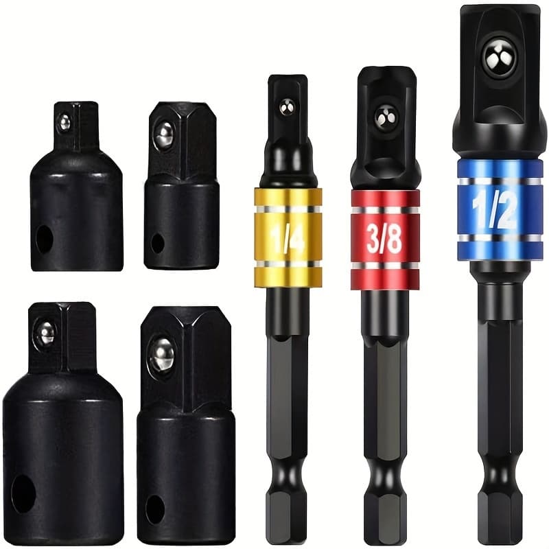 TEMU [impact Socket Adapter] 7pcs Impact Extension& Socket Adapter Set- 1/ 4", 3/ 8", 1/ 2" Hex Shank To Square Drive Converter Kit For Improvement, Drill Bits, Bar Extension