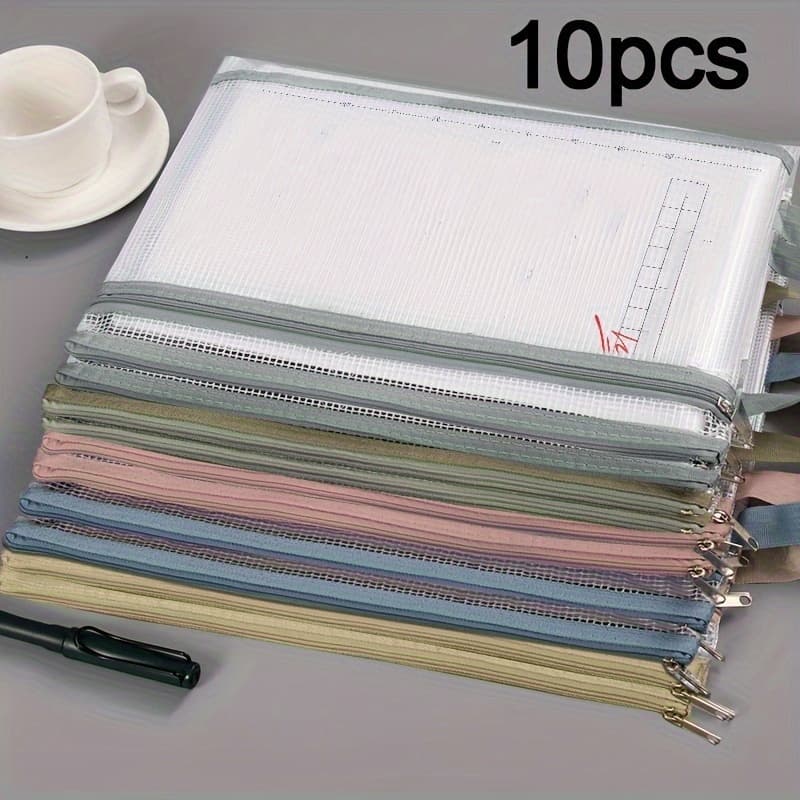 TEMU 10pcs A4 Clear Pvc Mesh Zipper Pouches With Handles – Durable And Breathable Storage Organizer For Office/school Supplies, Books, Toys, Pencil Cases, File Document Bag