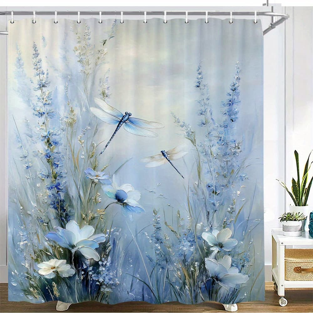 TEMU 1pc Ethereal Dragonflies Shower Curtain Bath Curtain With Translucent Wings Floral Watercolor Bathroom Curtains Home Decoration Curtain
