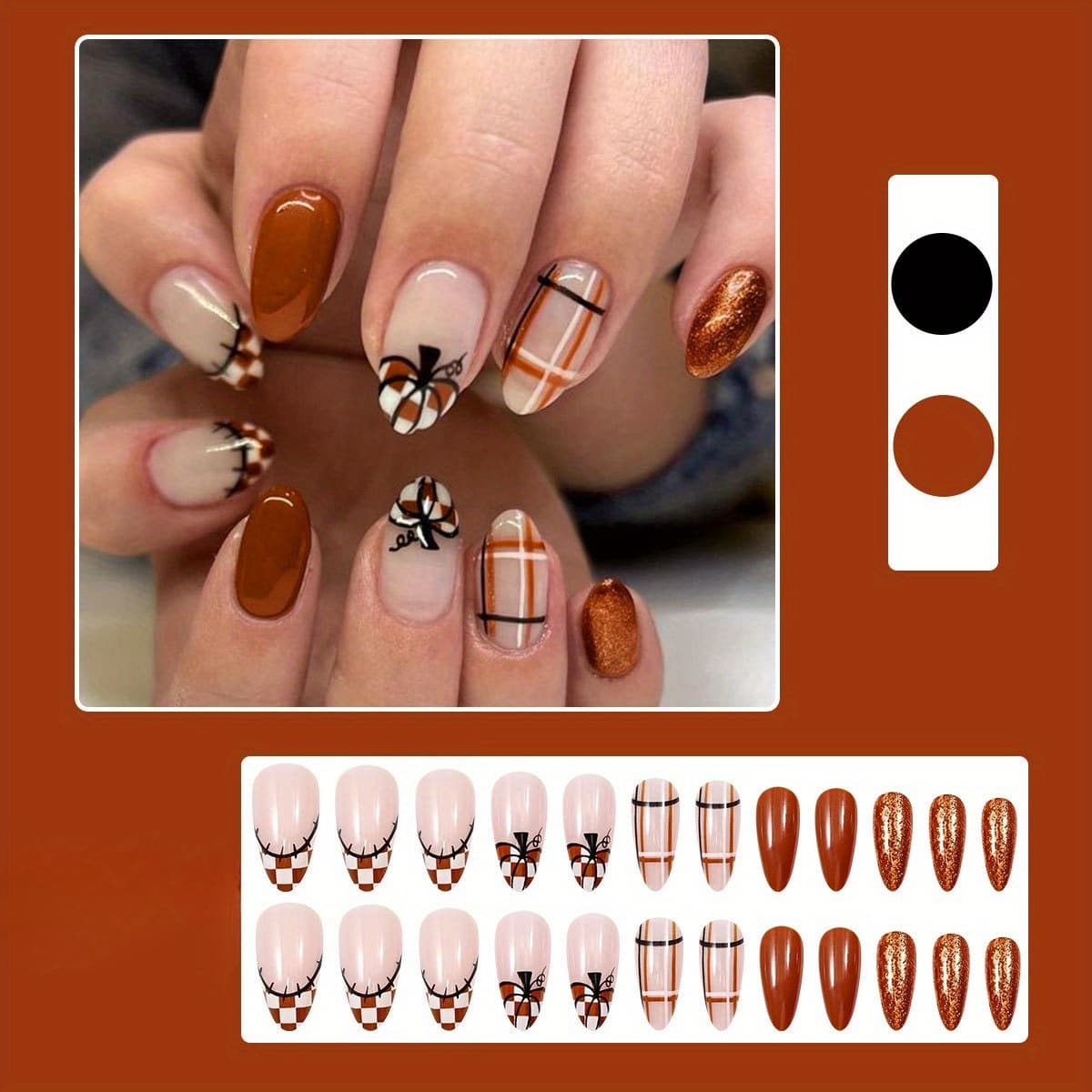 TEMU 48 Thanksgiving-themed Checkered Pumpkin Nail Designs, European And , Perfect For Instagram, Featuring Autumn On Nail Plates