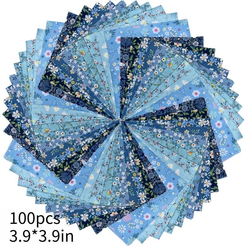 TEMU A Set Of 100pcs Of Blue Floral Fabric Measuring 10x10 Cm (3.9x3.9 In), Featuring Printed Handmade . This Collection Includes Patterned Strips Suitable For Projects