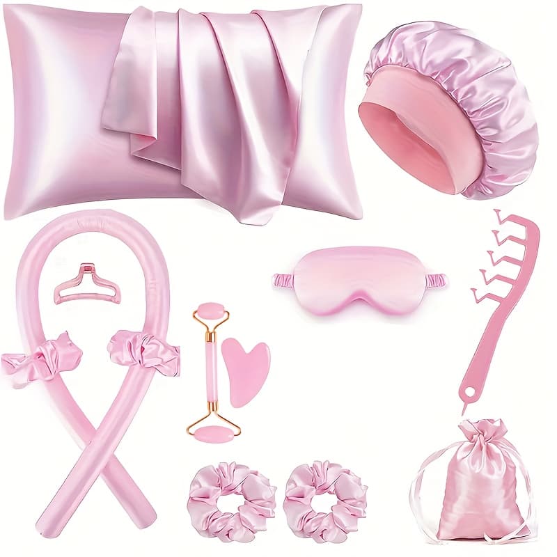 TEMU 13pcs Sleep And Hair Care Set, Including 1 Heat-curling Rod, 1 Pillowcase, 1 Sleep Eye Mask, Bands, 1 Sleep , 1 Hair Clip, And 2 Massagers, 1 Z-shaped Comb, Suitable Set Care