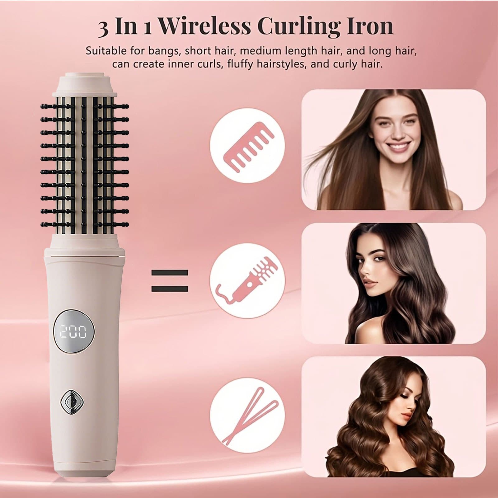TEMU Cordless Curling Iron Rechargeable, Portable Travel Curling Iron Brush, 3-in-1 Hair Straightener Brush With Led Display Ideal Present For Women, , Or Mothers