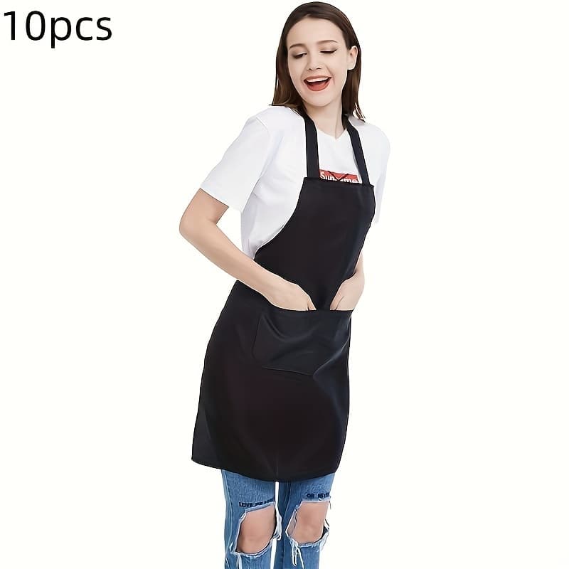 TEMU 10pcs Large Pocket Aprons- Durable, Polyester Fabric, Machine Washable, Perfect For Cooking, Bbq, Grilling, And Outdoor Activities, Kitchen Aprons