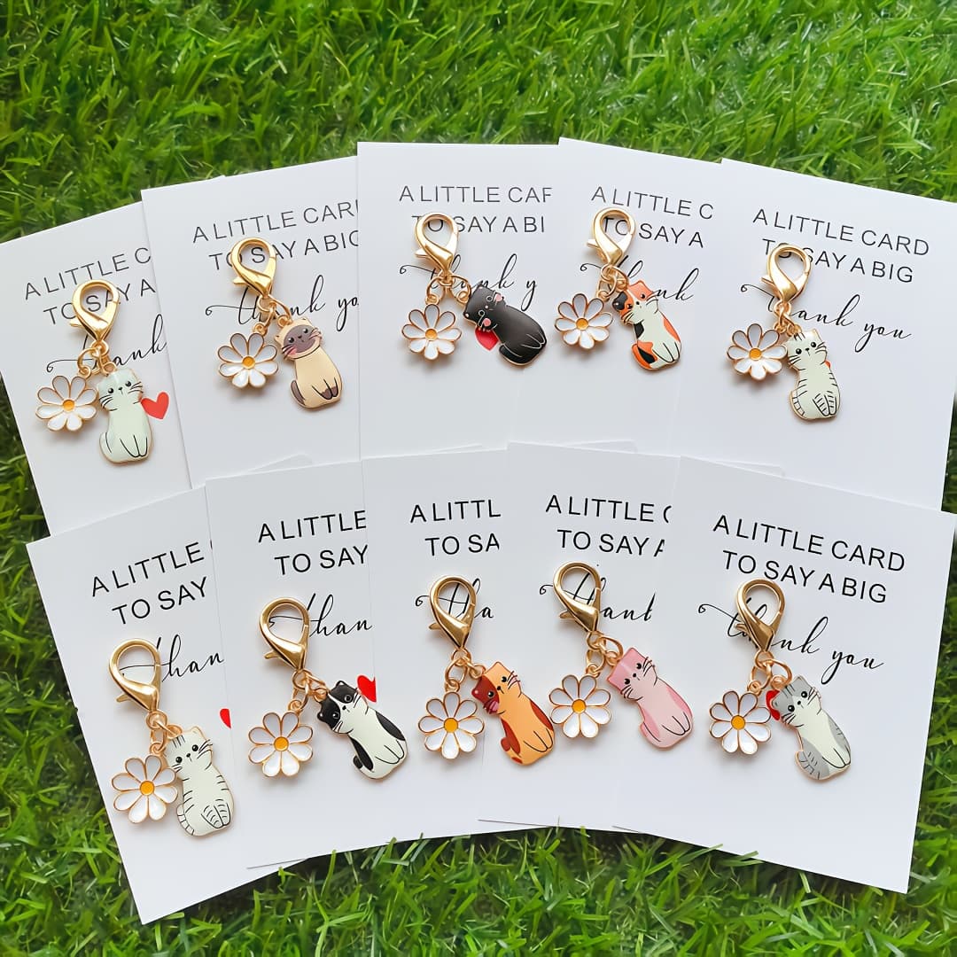 TEMU 10pcs Cute Animal Cat Theme Pocket Charms, Includes Thank You Card And Keychains - Perfect For Wallets Or Backpacks Decorations. Friendship Gift