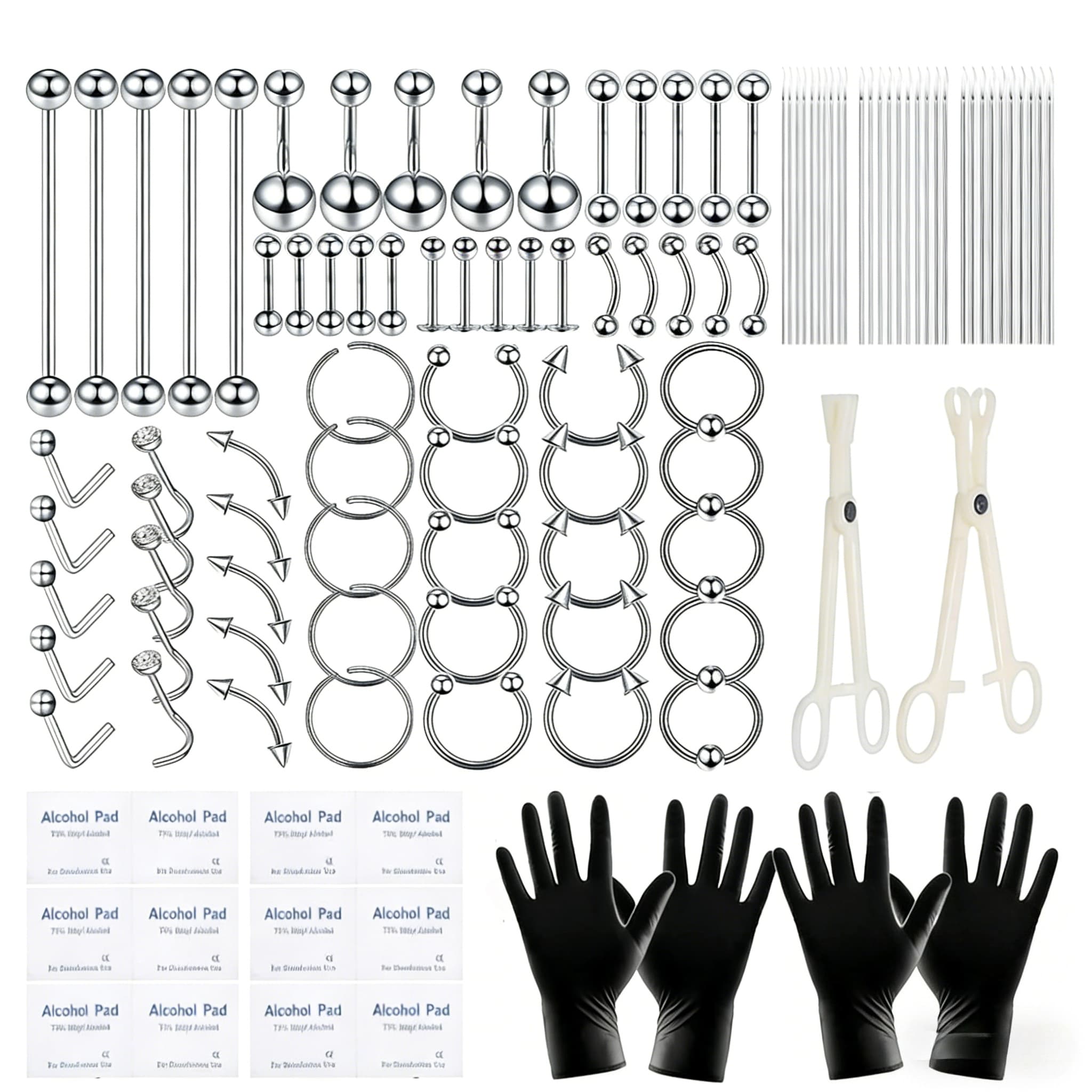 TEMU 120pcs Body Piercing Kit Stainless Steel 14g 16g 20g Bcr Cbr Labret Lip Rings Cartilage Daith Earrings Nose Septum Nose Studs Belly Button Rings Piercing Jewelry Needles Clamps Tools