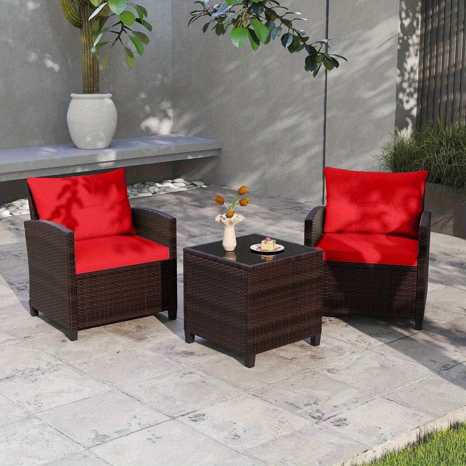 TEMU Costway 3pcs Outdoor Patio Furniture Set, Rattan Sofa Chair Set With 2 Armchairs, 1 Coffee Table With Tempered Glass Top, 4 Removable Cushions- Porch, Balcony, Garden, Yard, Or Poolside