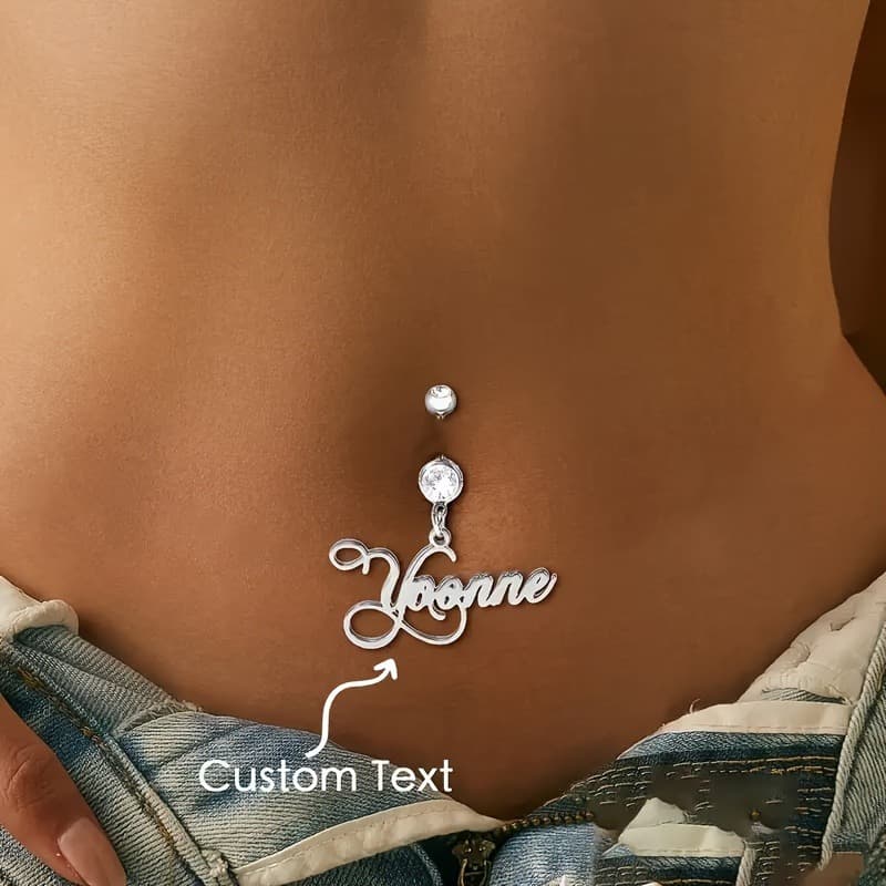 TEMU 1pc Personalized Stainless Steel Belly Button Ring With Custom Name And Birthstone, Golden Plated Accents - Perfect For Beach, Party, And Gift-