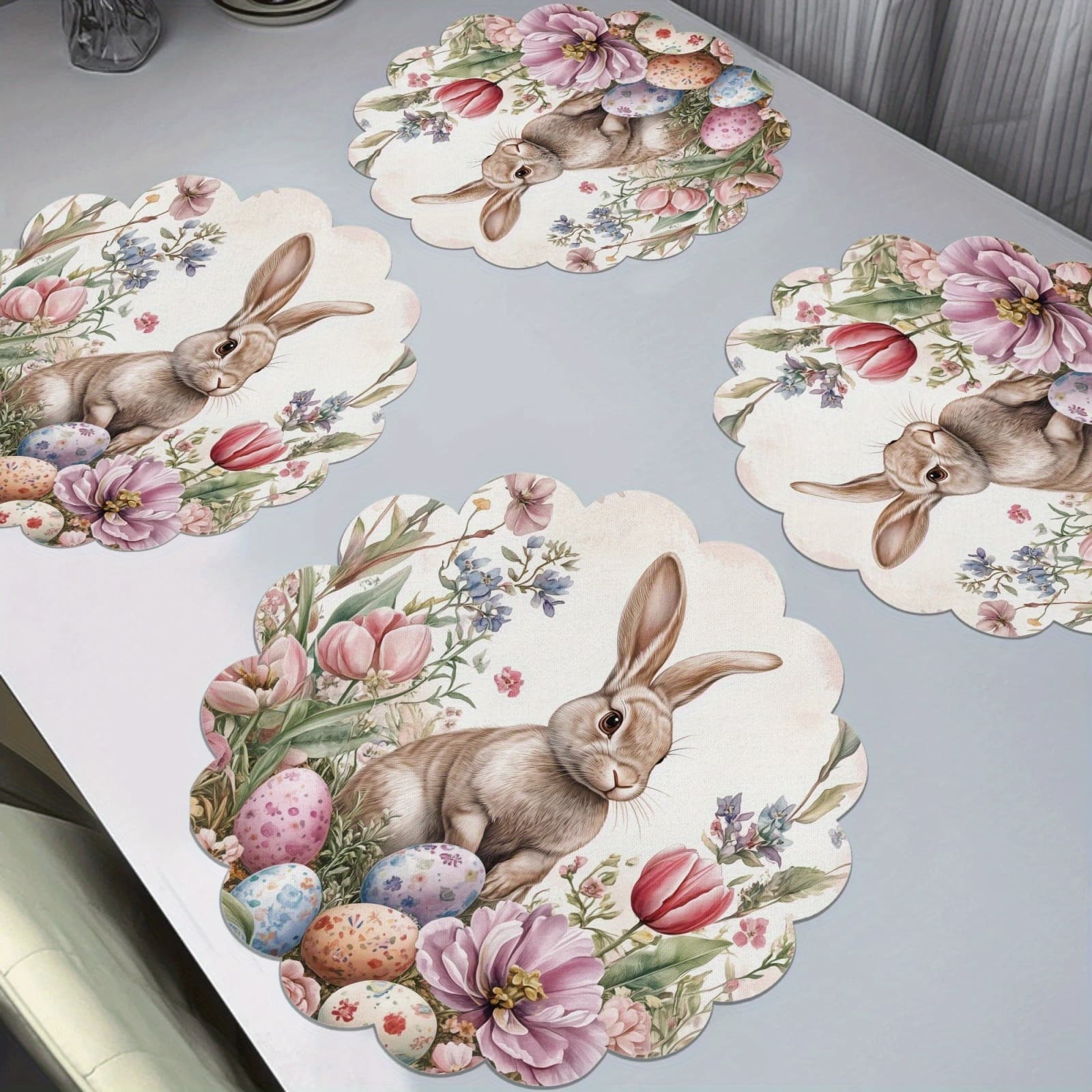 TEMU 4pcs And Easter Egg Placemats Set- Non-slip, Washable Round Table Mats With Scalloped - Vibrant , Perfect For Home Decor, Everyday Use, And Holiday , Seasonal Tableware, Festive Dining Setup
