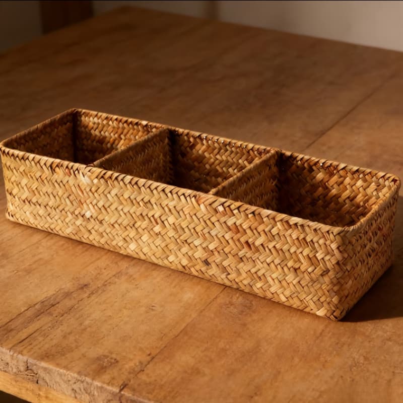 TEMU 1pc Large Bohemian Storage Basket - Natural Woven Bathroom Tissue Holder With 3 Compartments, Organizer And Decorative Basket For Home, Office, Powder Room, , Aesthetic Decor, Shelf Baskets