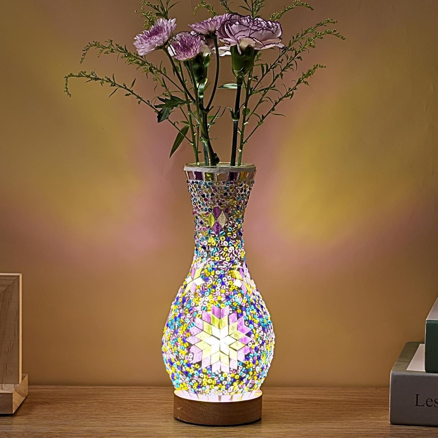 TEMU Mosaic Vase Lamp, Turkish Moroccan Table Lamp, Colorful Handmade Glass Vase, Wooden Base, Inserted With Flowers, Usb Plug-in Decorative Lamp, Suitable For Bedroom Atmosphere Living Room