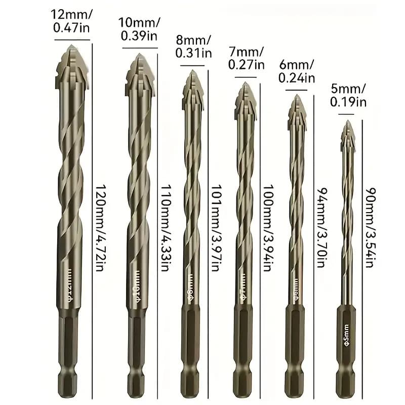 TEMU Set Of 6 Drill Bits (5/6/8/10/12mm) With 4 Flutes, Designed For Twisting. Features A Hex Shank And Is Ideal For Drilling Into Materials Like Ceramic Tile, Cast, Glass, Marble, Concrete, And Wood