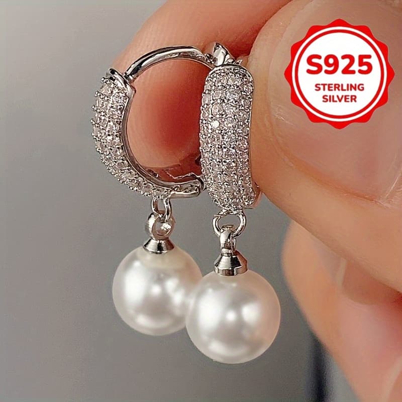 TEMU Vintage Elegant 925 Silvery Freshwater Pearls Drop Earrings Women's Romantic Wedding Bridal