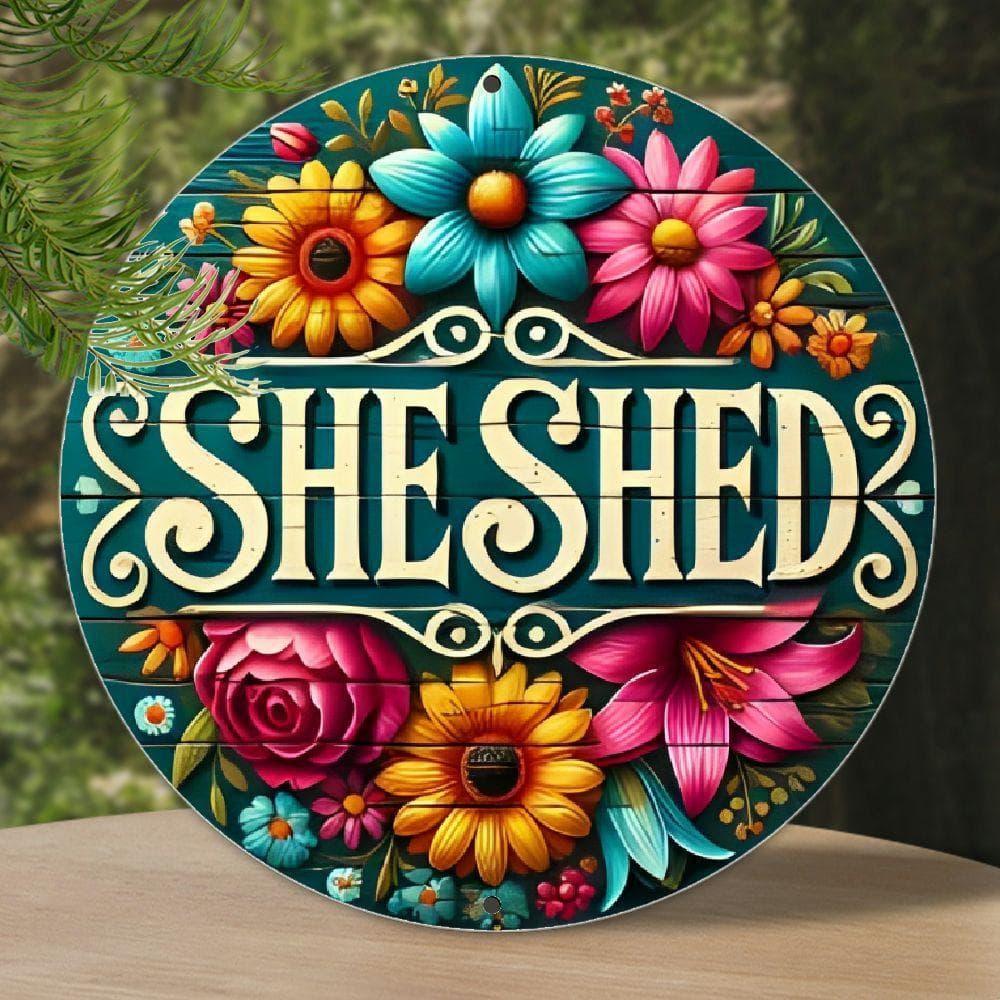 TEMU 1pc Aluminum Floral Themed Sign 1pc, She Shed Round Plaque, Indoor Wall Art For Home, Bar, Garage, Cafe, Garden Decor, Durable Farmhouse Accessory, Ideal Holiday Gift