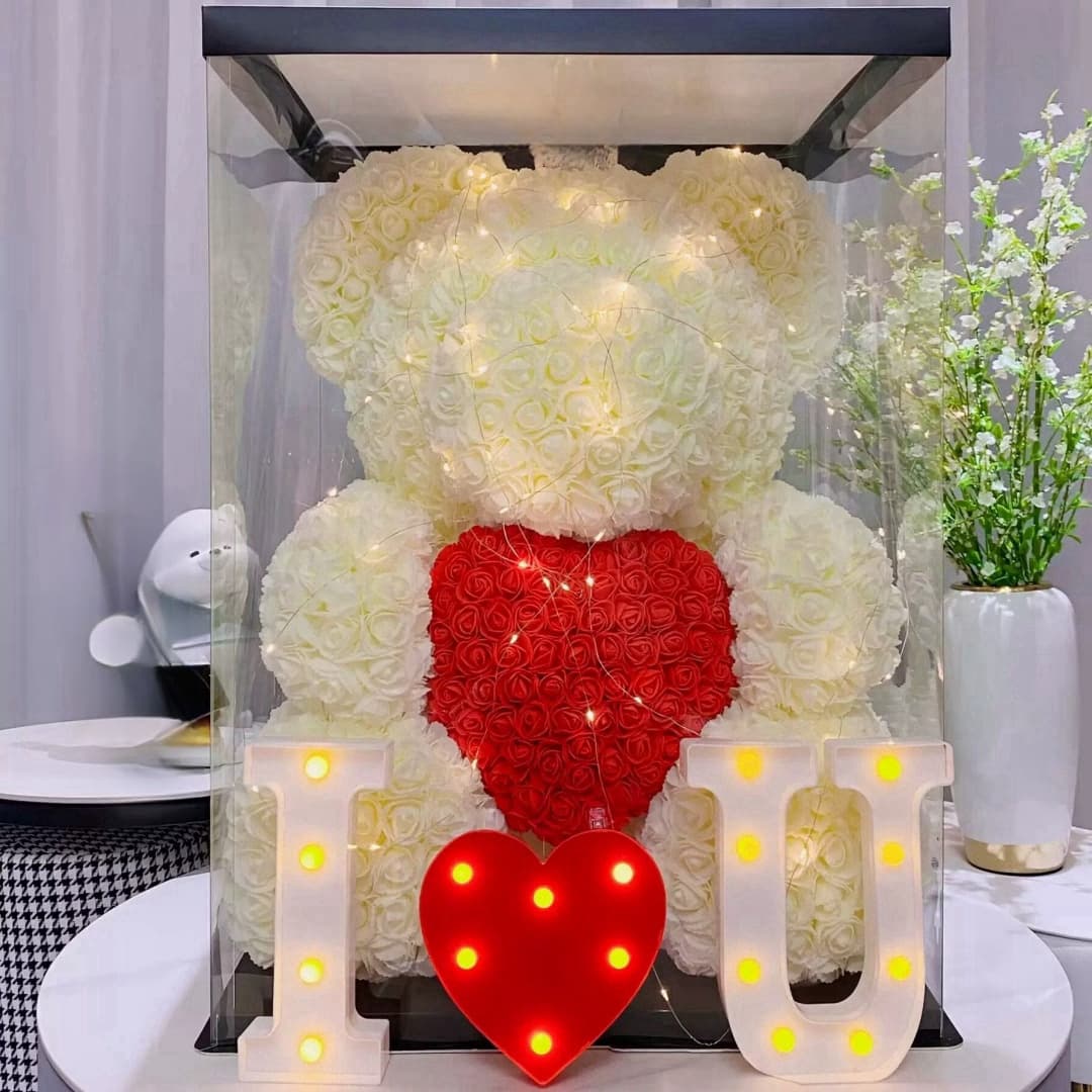 TEMU 1pc Realistic Artificial Foam Rose Bear - Eternal Flowering Wedding, Birthday & Anniversary Gift Suitable For Valentine's Day, , Christmas - Plastic Teddy Bear For Decor, Wedding Favors &