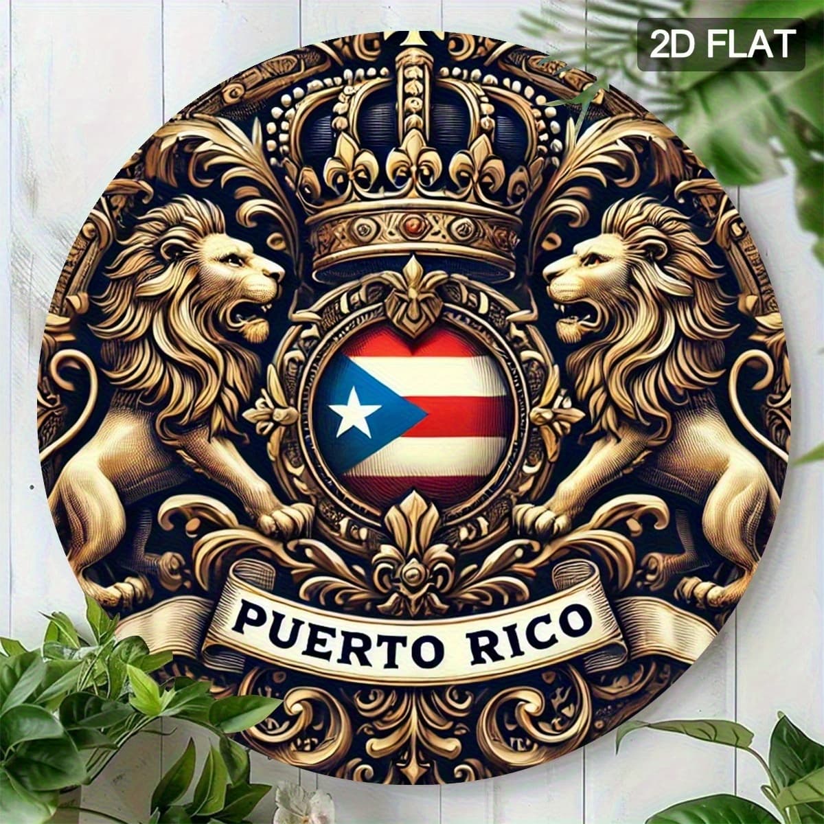 TEMU 2d Flat - Vintage-style Decorative Plaques Featuring A 2d Flat Design Of A , Measuring 7.8 Inches In Diameter. This Aluminum Metal Plate Showcases The Puerto Rican Flag And A Crown Motif