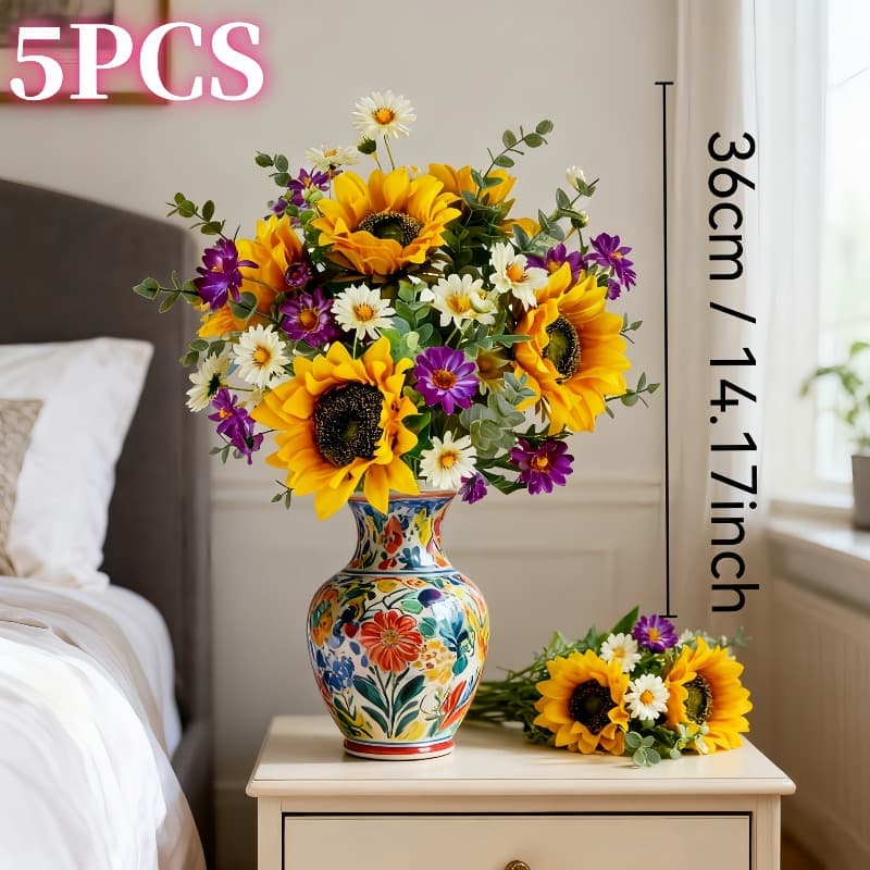 TEMU 5 Bundles Of Artificial Mixed-color Sunflower Fake Flowers, -yellow With Eucalyptus Leaves
