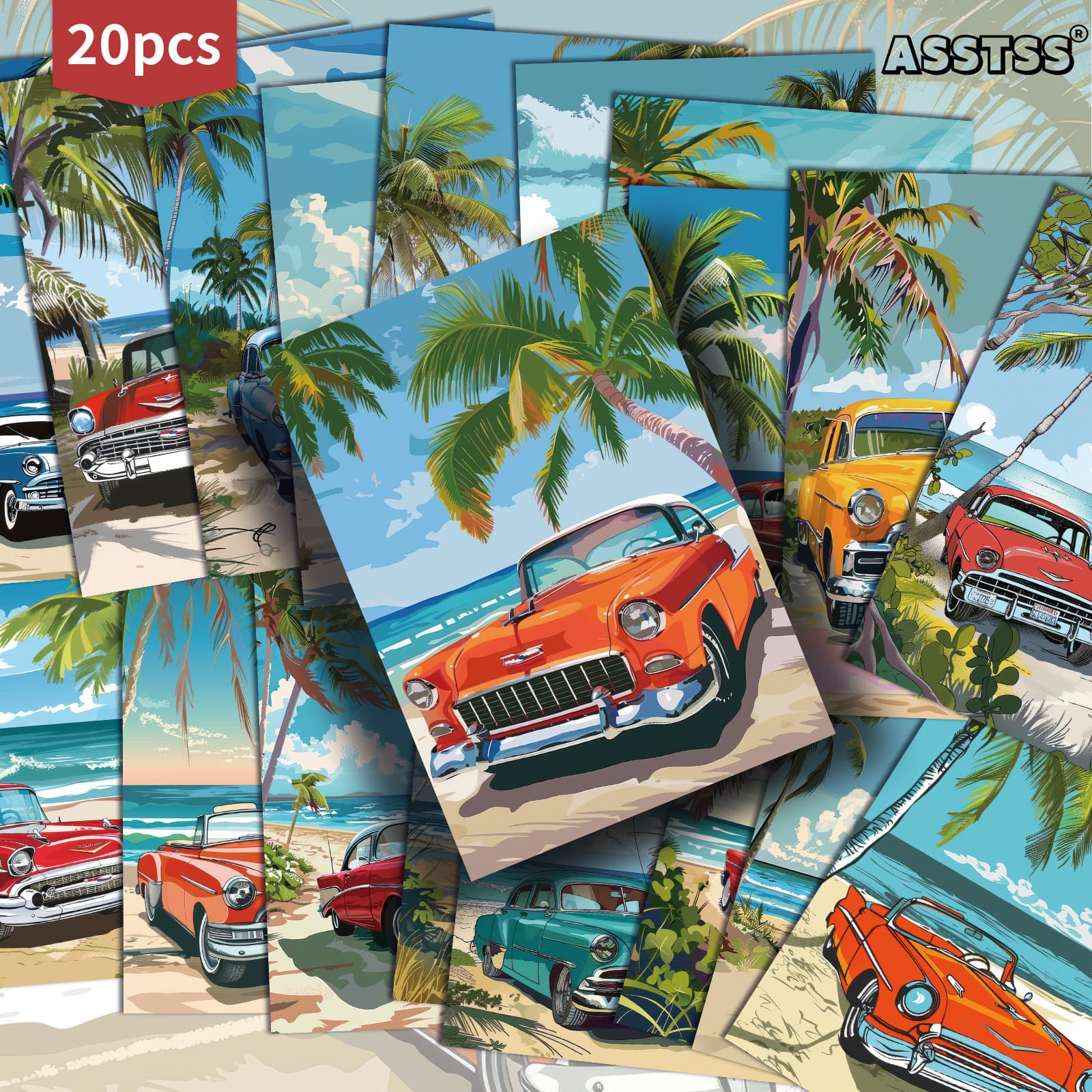TEMU 20-pack Asstss Vintage Seaside Classic Car Postcards 4x6 Inches Retro Junk Journal Supplies Paper, Scrapbooking Supplies, Collectible Decorative Painting Cards For Scrapbooking & Crafting