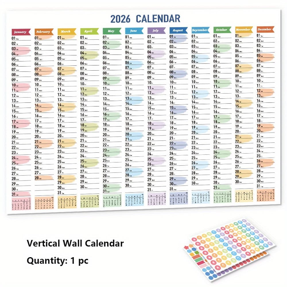 TEMU 1pc 2026 Large Wall Calendar - Colorful 365-day Design With Stickers And Tapes - Planner With Memo Sections - Perfect For Office, School And