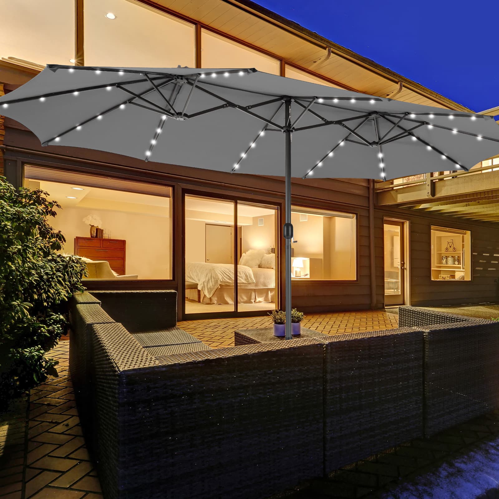 TEMU Costway 15ft Twin Patio Double-sided Umbrella 48 Solar Led Lights Crank Outdoor