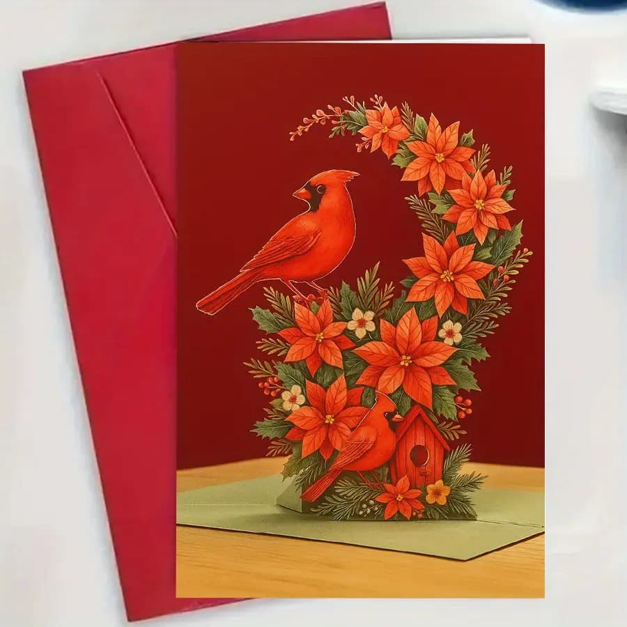 TEMU 1pc Festive Christmas Pop-up Card With And Holly Design - Elegant Red And , Envelope Included, Suitable For Family, , Colleagues, Seasonal Celebrations, And Birthday Greetings, Christmas Card-hk