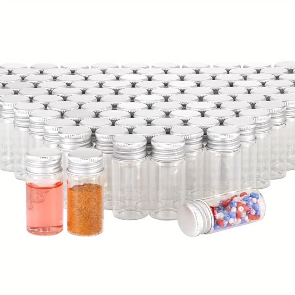 TEMU 100 Pack Small Clear Glass Bottles, Empty Refillable Container, , (0.33 Oz), Mini Sample Jars With Silver Aluminum Screw Caps For Liquid, Essential Oil And Cosmetic, Decorations Storage