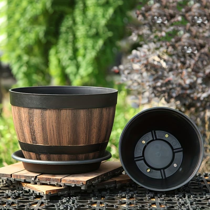 TEMU 1pc Retro Whiskey Planter, Resin Striped Garden Pot With Drainage Holes And Tray, Plastic Oval Plant Container For Herbs, Flowers, Succulents, Indoor And Outdoor Use Gardening Gift,home Decor