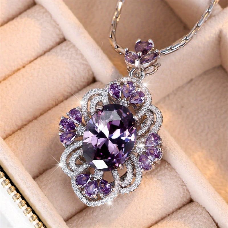 TEMU Luxurious Egg Shaped Purple Synthetic Zirconia Plated White K Cocktail Necklace For Holiday Everyday Wear, Durable And Sparkling Accessory!