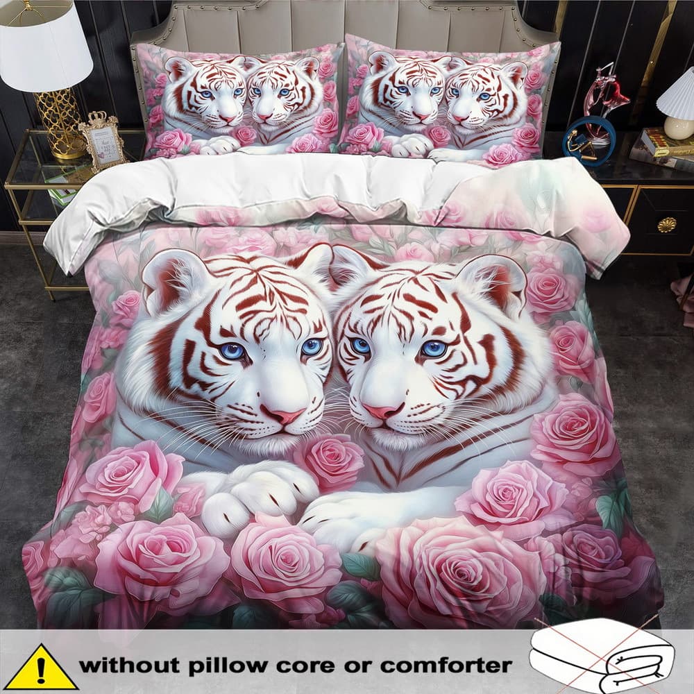 TEMU Tiger Theme Down Comforter Cover Set - 2/3pcs, Soft Comfortable Breathable, Animal Floral Pattern Printed Bedding, Tiger Print Duvet Cover Set, 100% Polyester Machine Washable, All