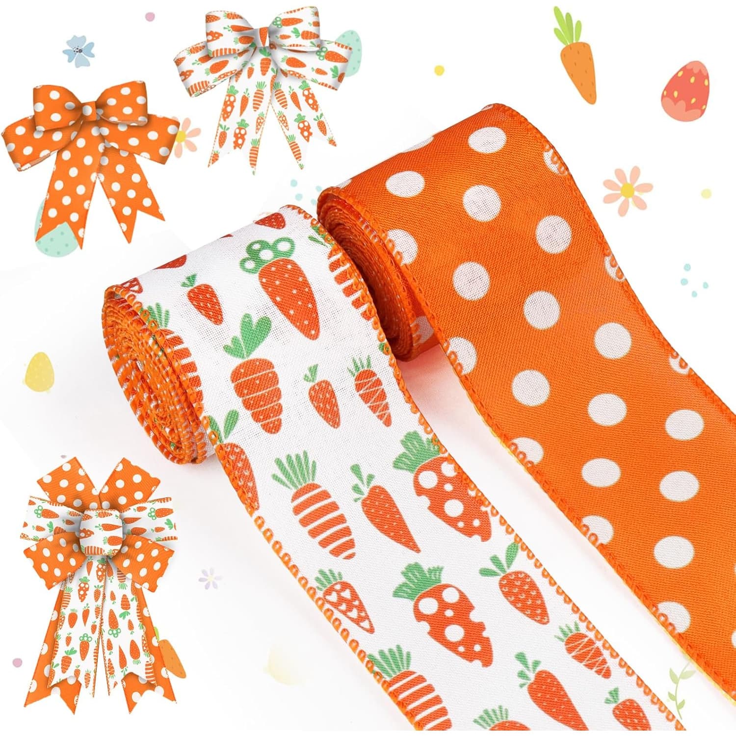 TEMU 2 Rolls Of Easter Wired Edge Ribbon, 2.5 Inch Easter Burlap Jute Ribbon, Orange Polka Dot And Pattern, Suitable For Spring Easter Bow Garlands, Crafts And Gift Wrapping
