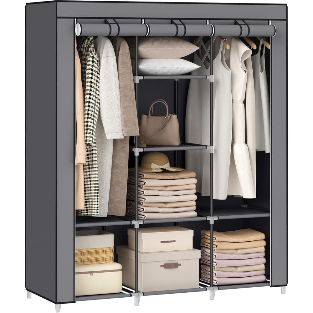 TEMU 64inch Portable Wardrobe Closet Clothes Organizer Simple Non-woven Fabric Wardrobe Multi-functional Household Clothes Storage Cabinet With Cover Gray Portable Closets, Portable Closets