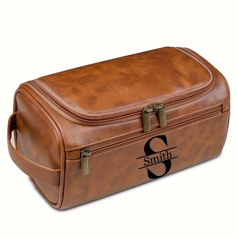 TEMU 1pc Laser Carving Men's Leather Beauty Set - Soft Toiletry Storage With Travel Hook And Side Handle, Customizable Toilet Bag/father's Day Gift For Him/husband/dad