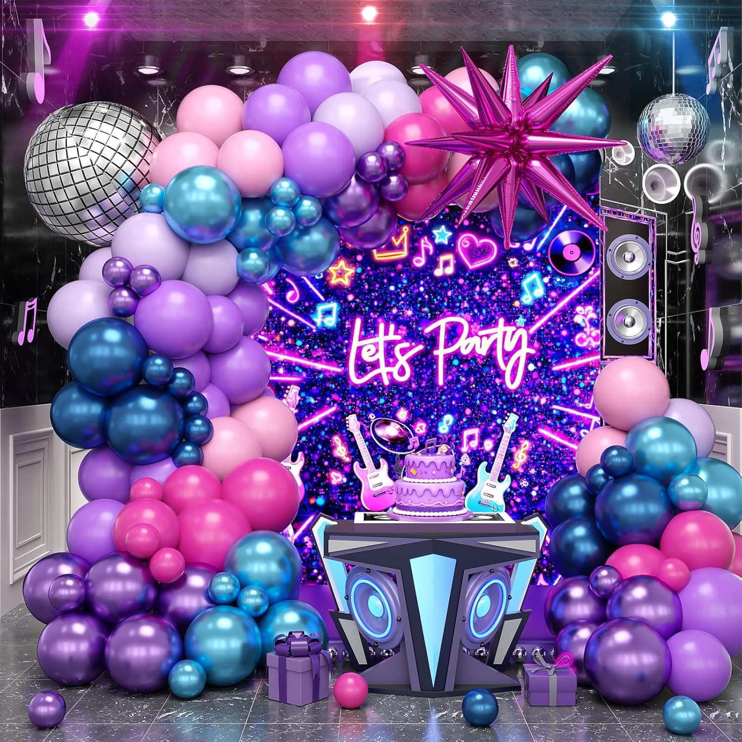 TEMU 104pcs Purple Blue Arch Kit, Light Pink Hot Pink Metallic Blue Purple Balloons Garland With Star Disco Ball Foil Balloons, Boy Girls Singer Theme Birthday Prom Party Supplies