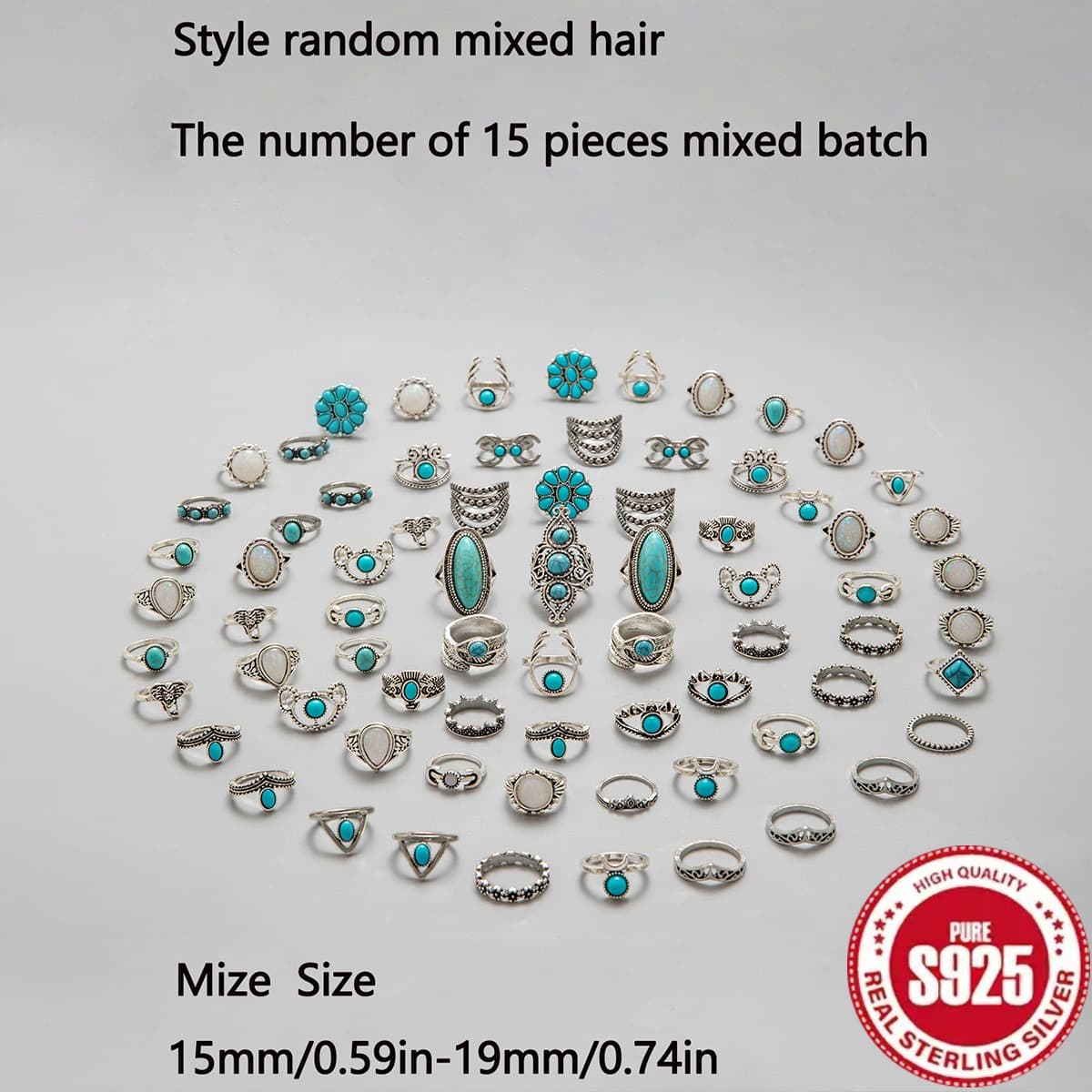 TEMU S925 Sterling Silver Ring, 15pcs Random Bohemian Turquoise Ring Set, Women's Jewelry, Suitable For , Holiday Gifts For Family, Fashion Jewelrytotal Weight Of The Product (16.85g)
