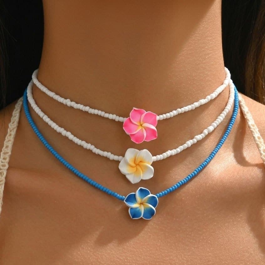 TEMU 3pcs Men Women Fashion Beach Plumeria Necklace Set Handmade Adjustable Bohemian Yellow/blue/pink Hawaiian Floral, Suitable For Daily Gathering Casual Party Wear, Birthday Holiday Festive Gift