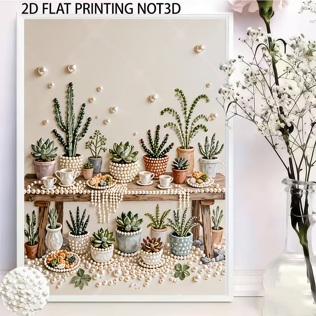 TEMU Painting, Featuring Fresh Succulent Green Plant Pearl Potted Design | 5d Pearl Painting Kit Suitable For Home Desktop Decoration Art, Ideal Gift For Housewarming And Home, Helping Relax