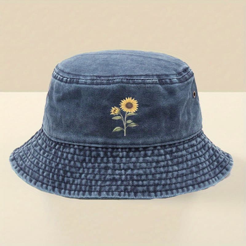 TEMU Distressed Fisherman Hat With Sunflower Print, For Outdoor And Casual Use By Men And Women, Streetwear Accessory, Modern Hat, , For Street Style Enthusiasts
