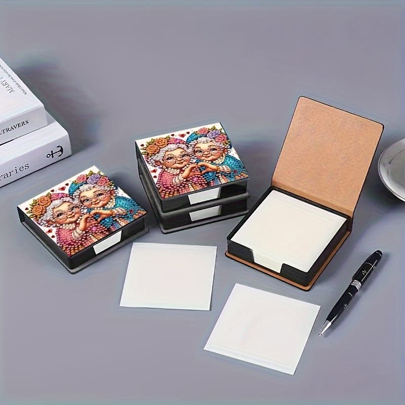 TEMU 1pc Featuring 2 Elderly Women, An Irregular Decorative Painting On A Black Faux Leather Notebook, Includes 160 Sticky Notes - Perfect For Home, Office, And School Use