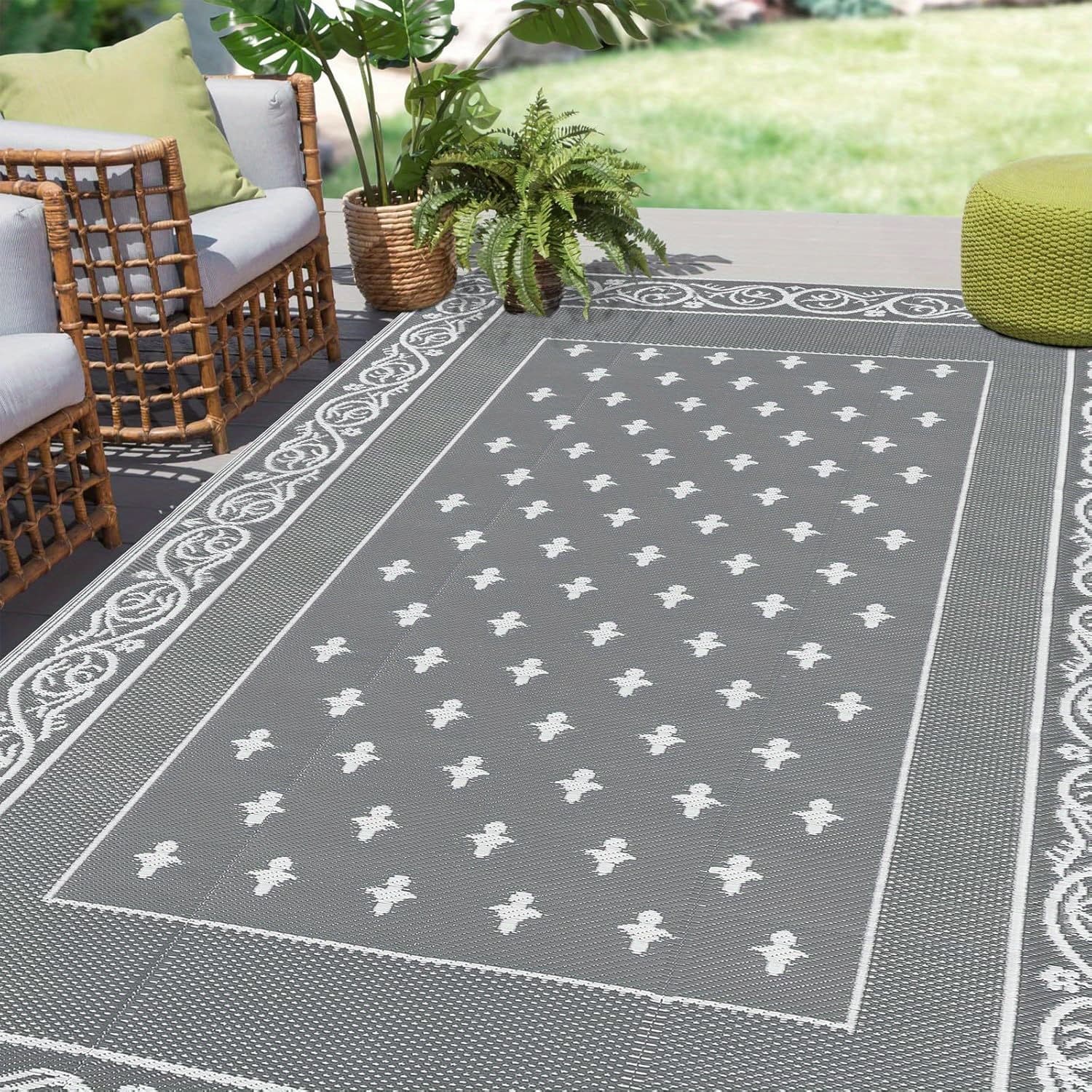 TEMU Outdoor Rug, Reversible Plastic Straw Patio Camping Rug, Indoor Outdoor Rv Mat Carpet For Deck, , Porch, Balcony, Backyard, Picnic, Bordered Grey